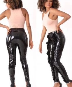 Social Butterfly Collection New Arrivals Black Liquid Faux Leather Front Ruffle Legging Pants