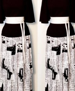 Social Butterfly Collection New Arrivals White Black Newspaper Print Fringe Skirt