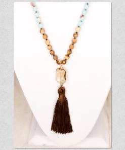 Social Butterfly Collection Sale Green Brown Stone Tassel Necklace