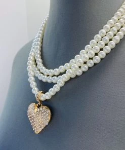Social Butterfly Collection Three Strand Pearl Heart Necklace