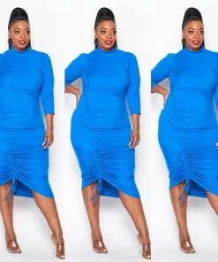Social Butterfly Collection Blue Plus Size Mock Neck Mid Length Fitted Dress New Arrivals
