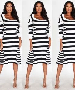 Social Butterfly Collection New Arrivals Black White Stripe Form Fitted Dress