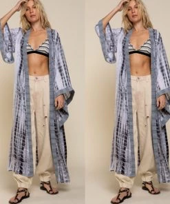 Social Butterfly Collection Grey Tie Dye Kimono Sleeve Sheer Duster