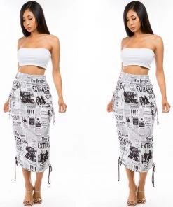 Social Butterfly Collection Newspaper Print Drawstring Skirt New Arrivals