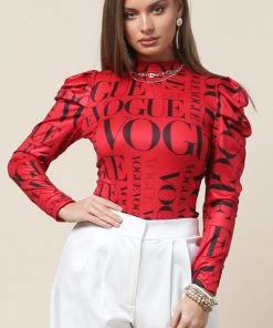 Social Butterfly Collection Red Black Long Sleeve Vogue Print Top
