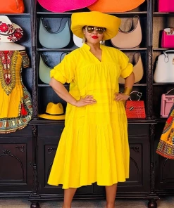 Social Butterfly Collection Plus Size Yellow Boho Style Below The Knee Dress