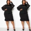 Social Butterfly Collection New Arrivals Sheer Sleeve Plus Size Black Ruffle Hem Dress