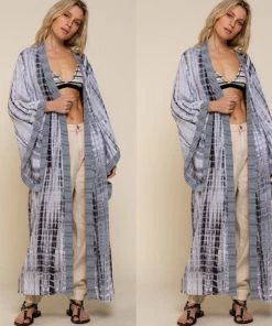 Social Butterfly Collection Grey Tie Dye Kimono Sleeve Sheer Duster