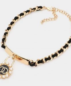 Social Butterfly Collection Gold Or Silver Black Ribbon Pearl Lock Necklace