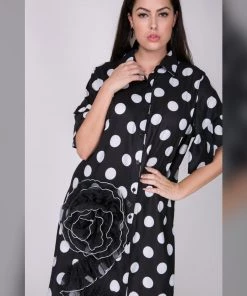 Social Butterfly Collection New Arrivals White On Black Polka Dot Button Down High Low Dress Top