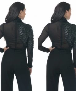 Social Butterfly Collection Sale Beautiful Black Faux Leather Sleeve Sheer Bodysuit