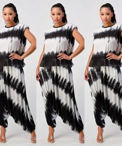 Social Butterfly Collection Tie Dye Two Piece Jersey Knit Jeannie Pants Set