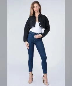 Social Butterfly Collection Black Denim Distressed Plus Size Cropped Jacket New Arrivals