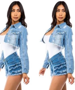 Social Butterfly Collection Denim Cropped Jacket Silver Chain Details New Arrivals