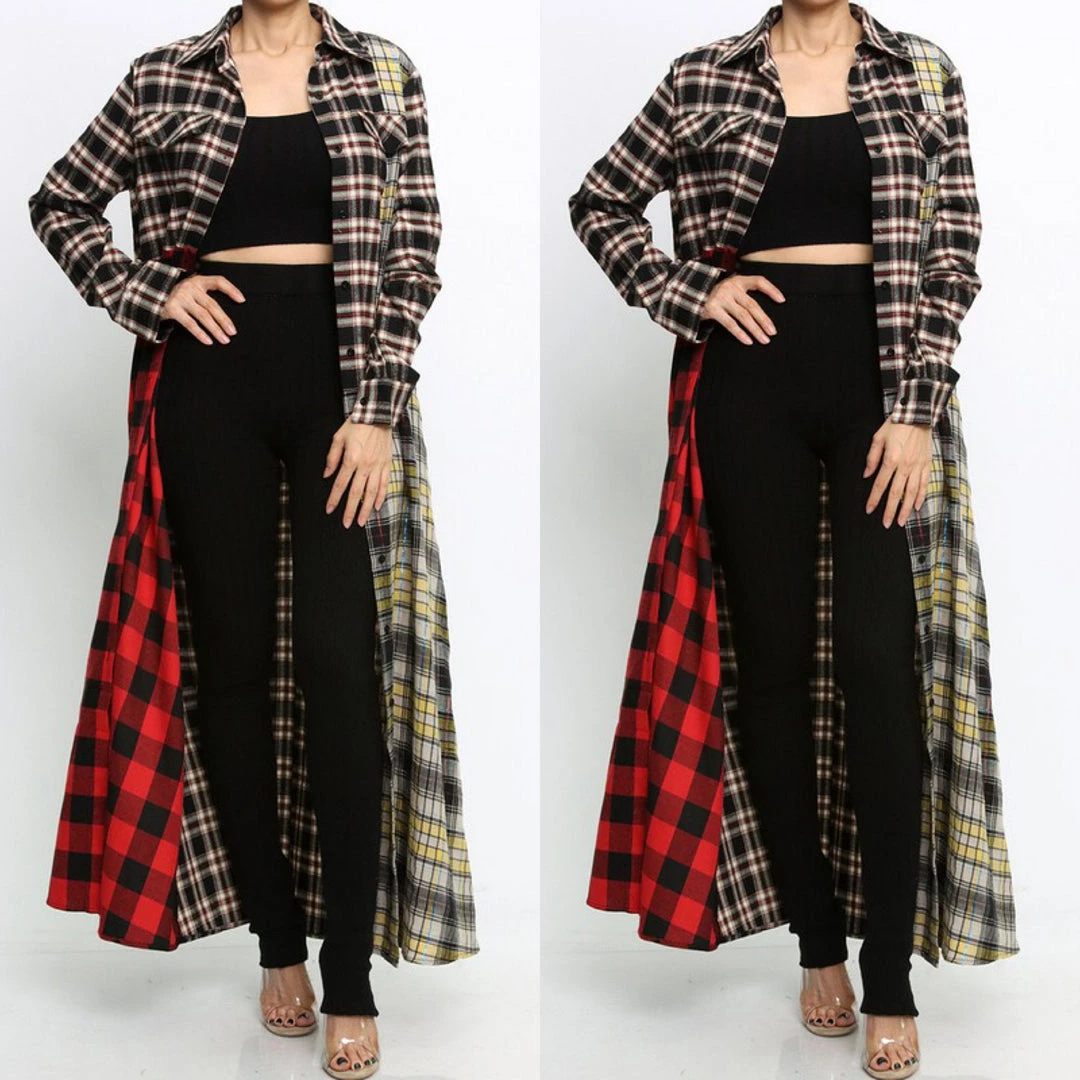 Social Butterfly Collection Plaid Check Multi Color Duster Dress 10 Social Butterfly Collection Plaid Check Multi Color Duster Dress
