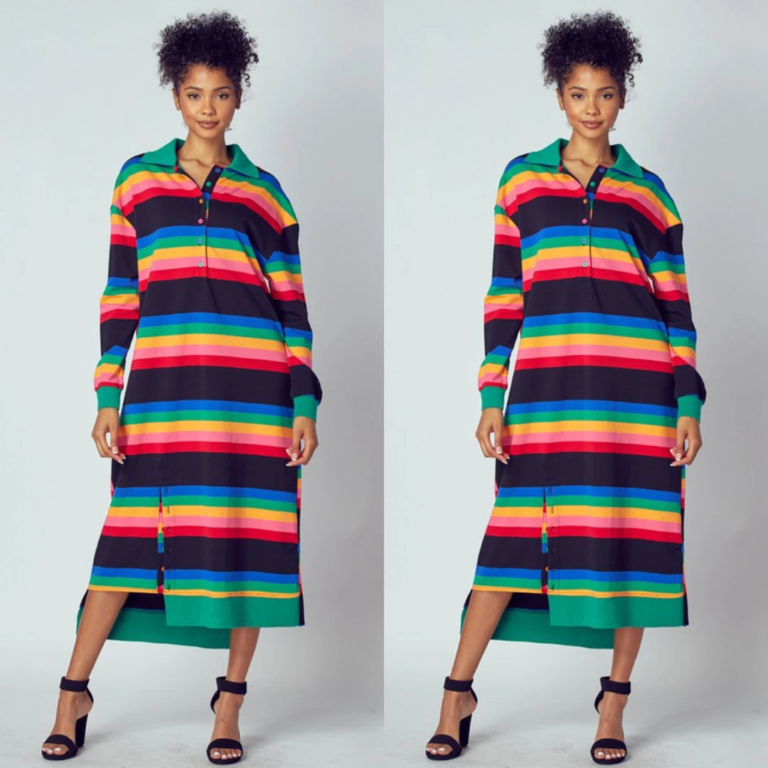 Social Butterfly Collection Multi Color Striped Long Shirt Dress 14 Social Butterfly Collection Multi Color Striped Long Shirt Dress