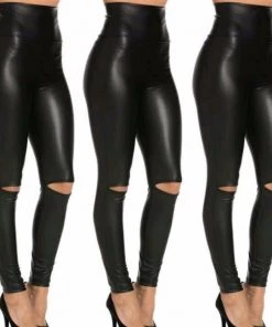 Social Butterfly Collection Sale Faux Leather Black Plus Size Slit Knee Leggings