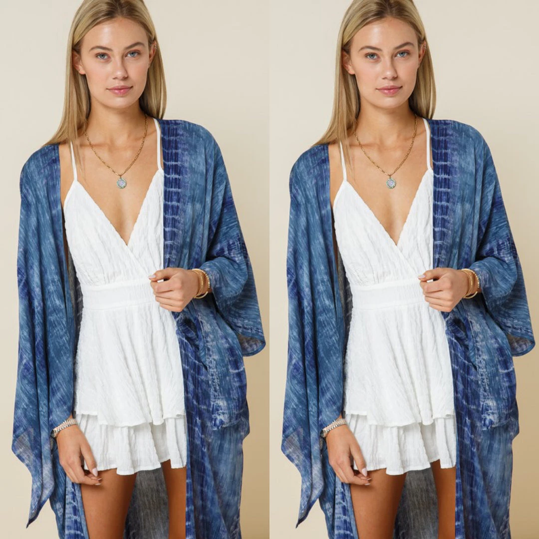 Social Butterfly Collection Denim Blue Tie Dye Kimono Sleeve Sheer Duster 10 Social Butterfly Collection Denim Blue Tie Dye Kimono Sleeve Sheer Duster