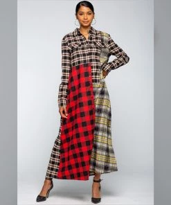 Social Butterfly Collection Dresses Multi Color Check Pattern Maxi Shirt Dress