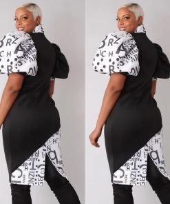 Social Butterfly Collection Puff Sleeve Color Block Black White Print Fitted Neck Tie Dress New Arrivals