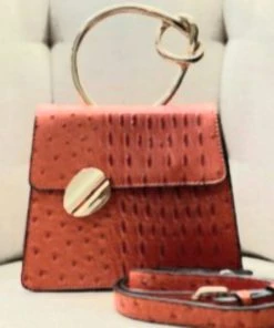 Social Butterfly Collection Burnt Orange Faux Ostrich Gold Handle Handbag