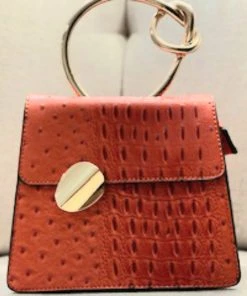 Social Butterfly Collection Burnt Orange Faux Ostrich Gold Handle Handbag