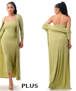 Social Butterfly Collection New Arrivals Plus Size Kiwi Green Two Piece Form Fitted Dress Duster Set