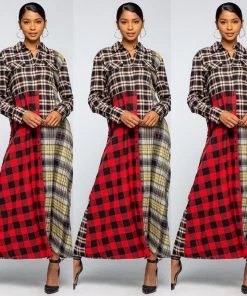 Social Butterfly Collection Dresses Multi Color Check Pattern Maxi Shirt Dress