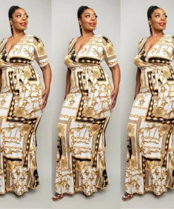 Social Butterfly Collection Black White Gold Print Form Fitted Maxi Dress New Arrivals