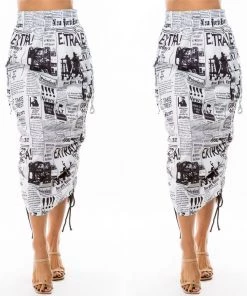 Social Butterfly Collection Newspaper Print Drawstring Skirt New Arrivals