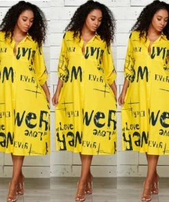 Social Butterfly Collection Yellow Black Print Button Down Shirt Dress