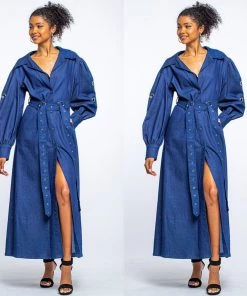 Social Butterfly Collection Denim Jacket Style Long Button Down Maxi Dress