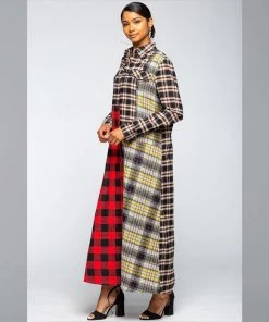 Social Butterfly Collection Dresses Multi Color Check Pattern Maxi Shirt Dress
