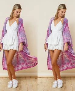 Social Butterfly Collection Purple Pink Tie Dye Kimono Sleeve Sheer Duster New Arrivals