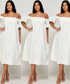 Social Butterfly Collection New Arrivals Textured Cold Shoulder Off White Dress