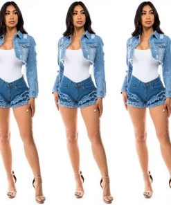 Social Butterfly Collection Denim Cropped Jacket Silver Chain Details New Arrivals