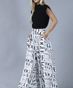 Social Butterfly Collection White Black Vogue Print Palazzo Pants New Arrivals