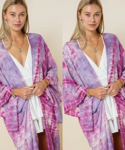 Social Butterfly Collection Purple Pink Tie Dye Kimono Sleeve Sheer Duster New Arrivals
