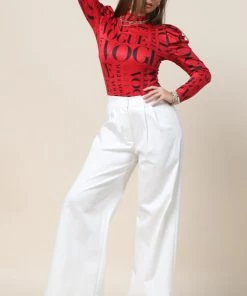 Social Butterfly Collection Red Black Long Sleeve Vogue Print Top