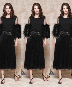 Social Butterfly Collection Sheer Pleated Black Sequin Skirt Sale