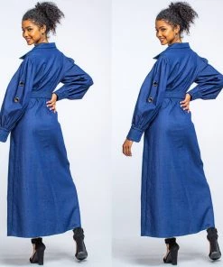 Social Butterfly Collection Denim Jacket Style Long Button Down Maxi Dress