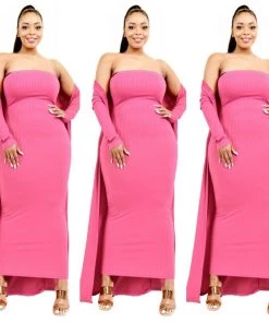 Social Butterfly Collection New Arrivals Pink Plus Size Two Piece Form Fitted Dress Duster Set
