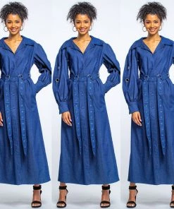 Social Butterfly Collection Denim Jacket Style Long Button Down Maxi Dress