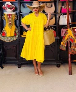Social Butterfly Collection Plus Size Yellow Boho Style Below The Knee Dress