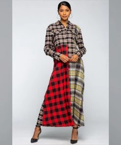 Social Butterfly Collection Dresses Multi Color Check Pattern Maxi Shirt Dress