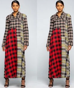 Social Butterfly Collection Dresses Multi Color Plaid Check Pattern Duster Dress