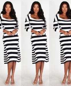 Social Butterfly Collection New Arrivals Black White Stripe Form Fitted Dress