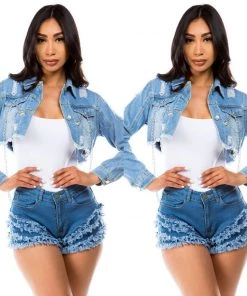 Social Butterfly Collection Denim Cropped Jacket Silver Chain Details New Arrivals