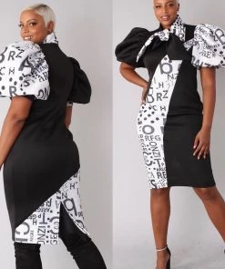 Social Butterfly Collection Puff Sleeve Color Block Black White Print Fitted Neck Tie Dress New Arrivals