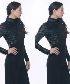 Social Butterfly Collection Sale Beautiful Black Faux Leather Sleeve Sheer Bodysuit